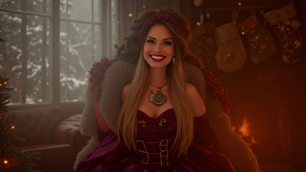 Create a steampunk-inspired portrait of a glamorous woman in a festive setting. She has long, cascading wavy hair adorned with a vintage lace headband. She is wearing a deep purple gown embellished with faux fur trim, capturing a blend of elegance and holi...