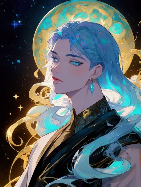 man, mysterious and bright, graceful body features, detailed colorful-white eyes with nebulae iris, webtoon 2d, bright colorful opal astral neon shimmers, cosmic galaxy, myth fantasy art, intricate aesthetic Van Goghs style, abstract astrological patterns ...