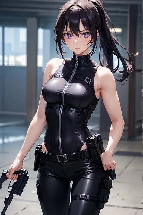 8k resolution,(( top quality )), super high res,Adult female, Alone,  sexy, ( is staring), ( purple eyes),  beautiful symmetrical face , (Black long ponytail),Black combat vest,assassins catsuit, suit pants, realistic :1.4, realistic :1.4,(  Masterpiece  :...