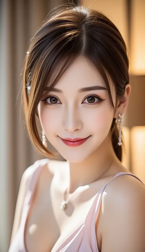 Profile photo、12Ｋ、ＨＤＲ、 bits deep 10 bits 、Im wearing a party dress、 cute hair ornament、Hair tied up、 charming posing、 (  realistic  ) , (photo  realistic  :1.4), masterpiece,  so delicate and beautiful ,  very detailed bust ,smile、(  light brown hair )、A w...