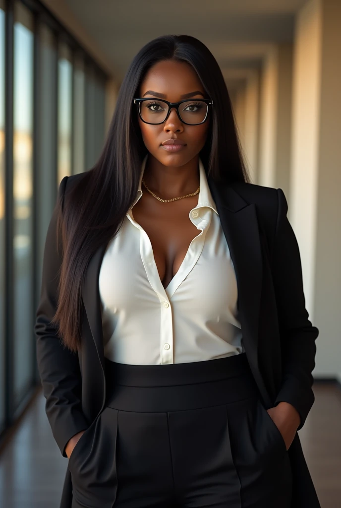 Women, curvy, beautiful, dark brown skin,  straight hair , light eyes. , wide hips and large breasts.. She has a skirt and office clothes. Usa lentes y es beautiful