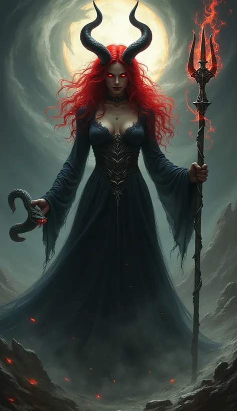 Astaroth, a demoness with fiery red hair, horns, and glowing eyes, stands defiantly amidst a swirling vortex of darkness. Her dark robes flow in the ethereal currents, and she holds a silver trident in one hand and a hissing serpent in the other, symbolizi...