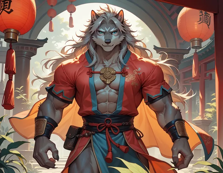 ( unique ), Male anthropomorphic gray wolf,  gray fur , Dark beige long haired ,  blue eyes, warrior,  wearing Hanfu，Ancient Chinese Clothes，royal， muscular , No armor