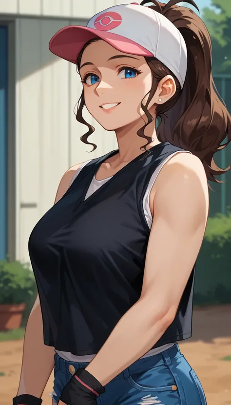 score_9, score_8_up, score_7_up, milfication, 1girl, solo, mature female, milf, looking at viewer, breasts larger than body, hilda, high ponytail, brown hair, blue eyes, baseball cap, black jacket, sleeveless, white t-shirt, sleeveless, denim shorts, upper...