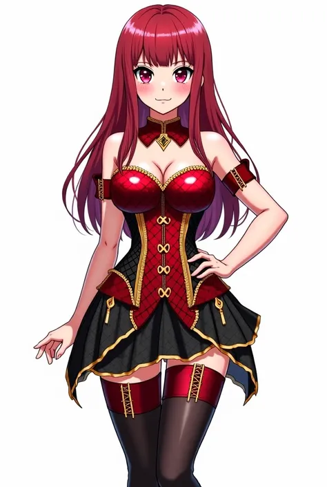 Anime character design, **full body** (front view):  

A girl with long, straight crimson-colored hair, featuring slightly wavy tips. She has a serene and mysterious expression, with large, stylized ruby-colored eyes that are bright and striking. She wears...