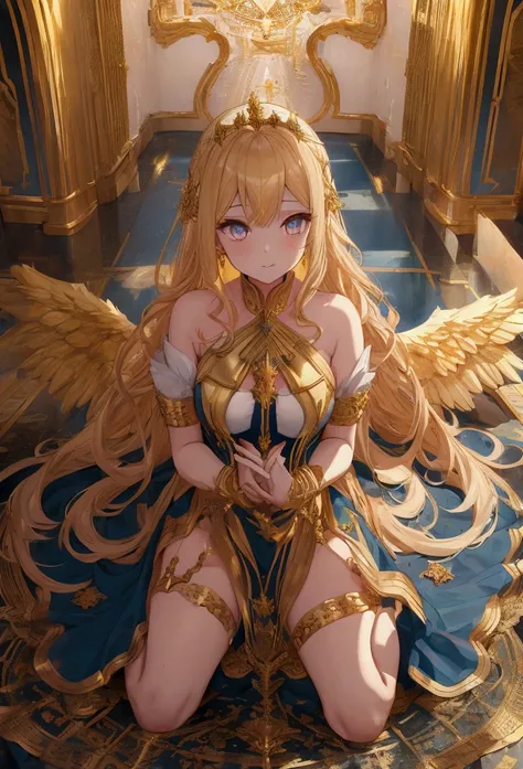 divine empire guarded by angels adult girl, blond long curly hair blu easy dream citadel,golden walls decorated with gems of different colors and shapes, streets paved with gold,rivers of Tourmaline , castillo de cristal,cielo estrellado