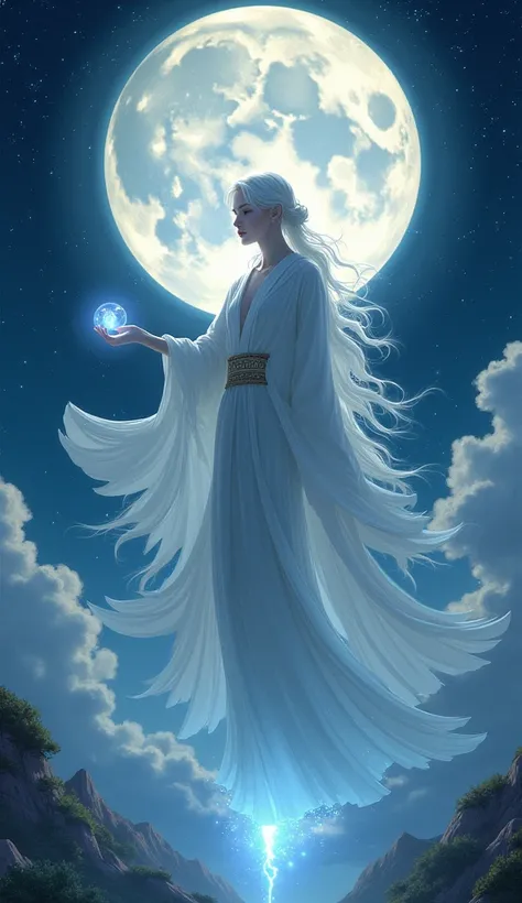 The god of the moon comes down from the shining moon and holds a magatama in the palm of his hand