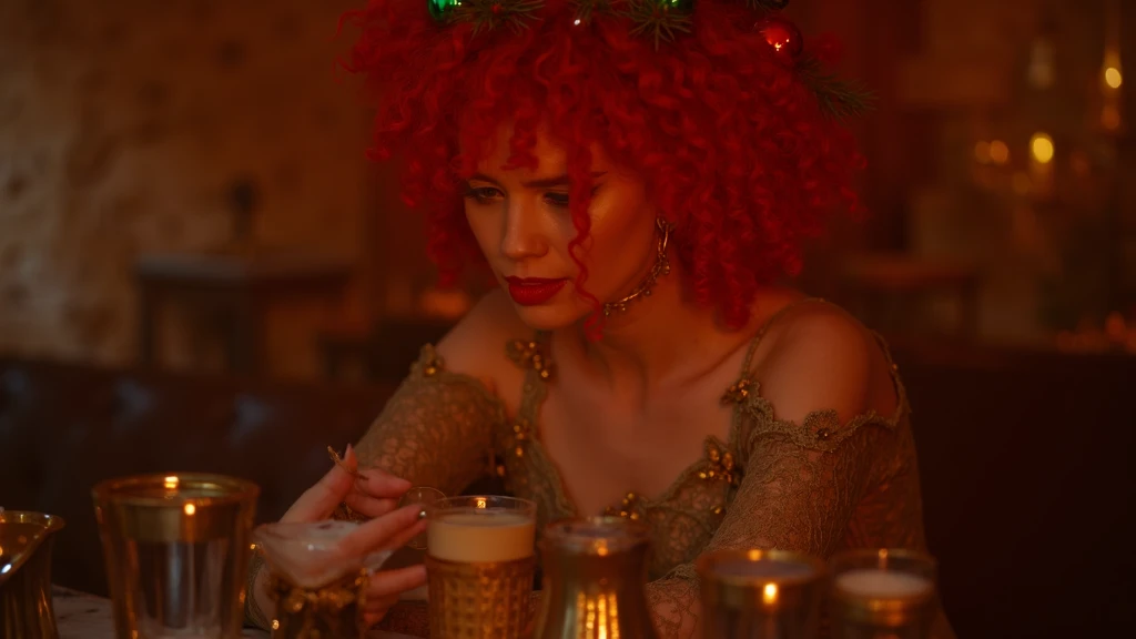 Create a steampunk-inspired portrait of a fashionable woman sitting at a vintage bar. She has vibrant red curls adorned with green and gold ornaments, along with sprigs of evergreen, evoking a festive holiday spirit.

She is wearing an elegant, fitted gown...