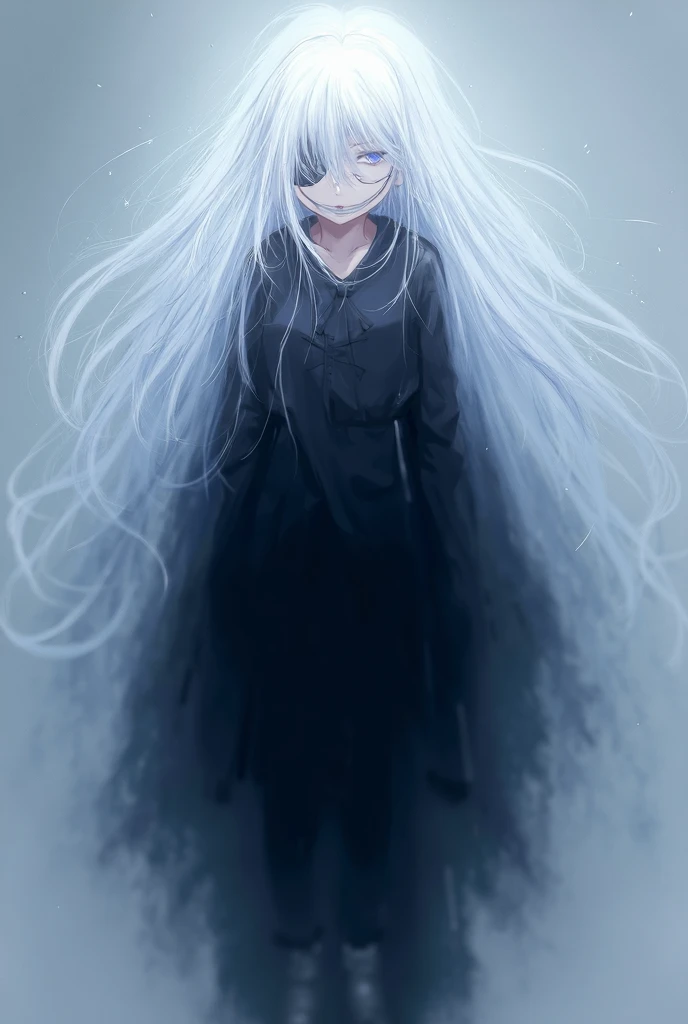 high,  an attractive woman with flowing white hair . Most of the time, her light blue eyes are covered with glasses or a bandage.  She wears a black blindfold almost all the time , dark school uniform : Long collar jacket, long black pants and black shoes ...