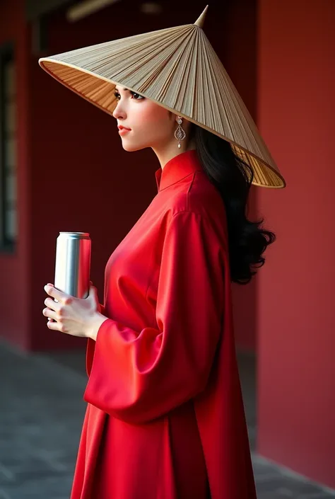 /I A Chinese woman wearing a red dress, standing sideways, holding a can, with a straw hat half covering her face, bold fashion, traditional costume elements, dark maroon and light crimson color palette, photorealistic style, Canon EOS R5 with 35mm f/1.8 l...