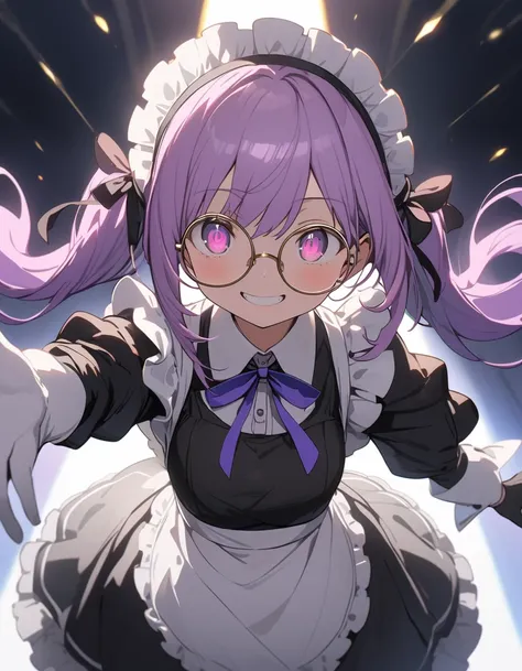 Long purple hair ,  wearing maid clothes , round glasses, Front Light ,Cute 2D, Front lighting 、( for a woman with bristles、masterpiece、 high res、 Details)、animeスタイル、 flat style 、(Shining Eyes、 Details美しい顔),  1 girl、extremely  Details、( Shining),  vest lig...