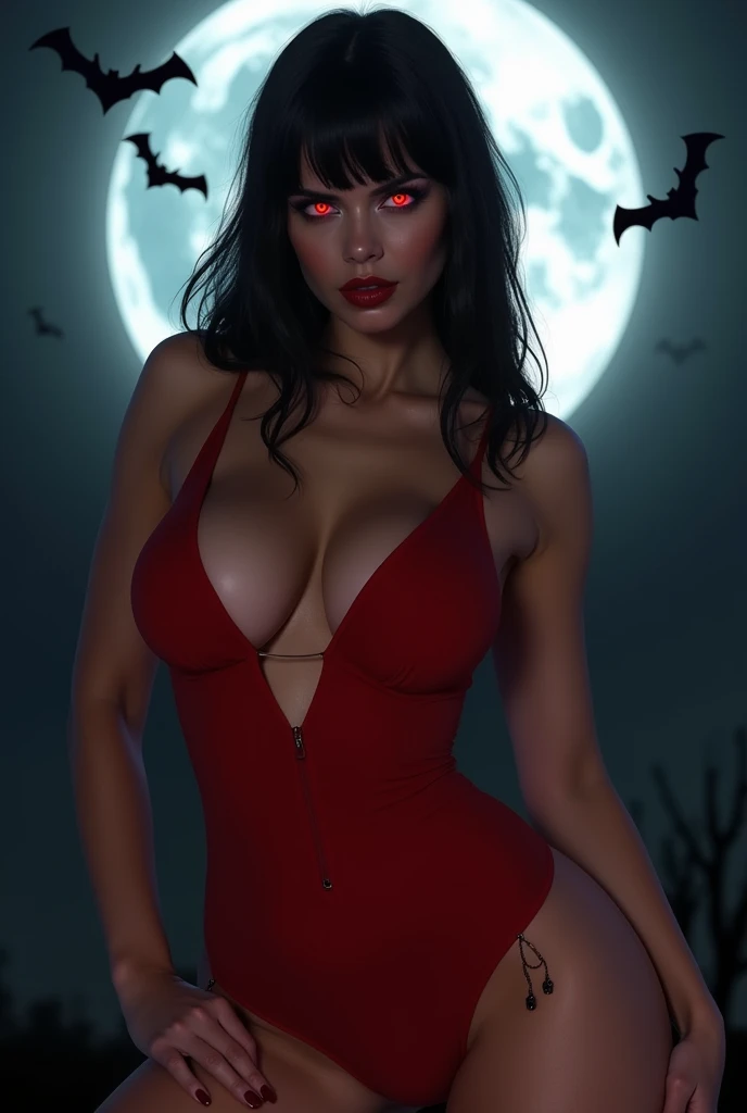 sexy vampirella wearing a deep V red swimsuit, ((Full moon and bats background)) , oily shiny skin, red eyes, hot and fit body, Very large breasts,naughty, slutty, camel toes , detailed eyes,  flirty, sexy, naughty, large perky , realistic, HDR, UHD, dynam...