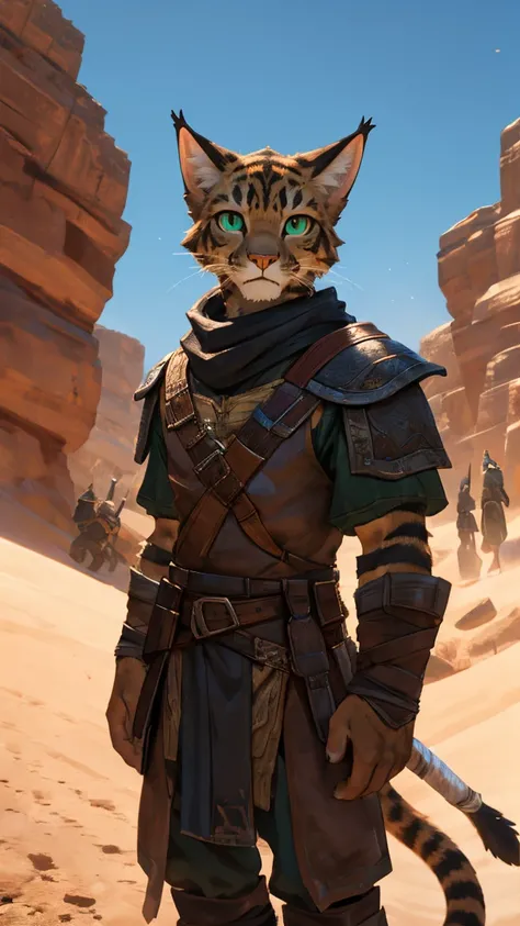 (8k, RAW photo, best quality, masterpiece), a detailed character portrait, clearly worked out detail, green eyes, (Tabaxi, khajiit), (rogue, thief, bandit), fantasy thief light clothes, rpg, dnd, lithe, intricate, cinematic, natural lighting, anime, MAPPA ...