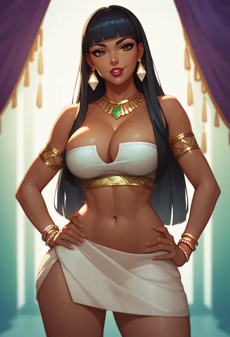 (masterpiece:1.2, best quality:1.2), ambient soft lighting, perfect lighting, 1girl, chel, black hair, long hair, blunt bangs, brown eyes, dark skin, lipstick, large breasts, wide hips, tube top, cleavage, bare shoulders, emerald earrings, emerald bracelet...