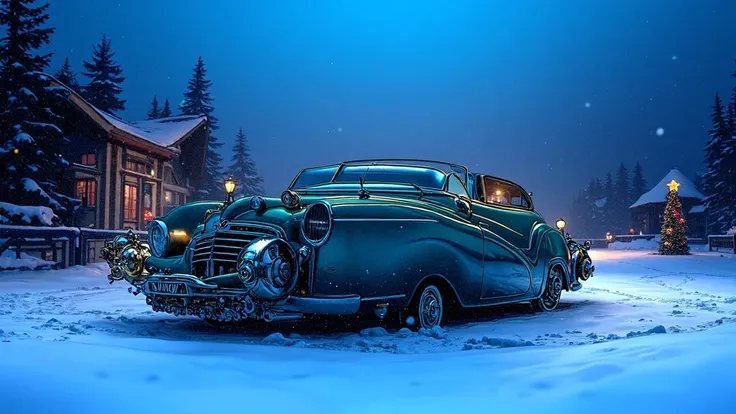 Create a steampunk-inspired winter scene featuring a vintage car parked in a snowy landscape.

The car should resemble an elegant 1950s model, but with steampunk enhancements. incorporate brass gears, steam exhausts, and intricate mechanical details. The b...