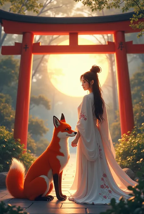 A fox and a woman under the torii gate of a shrine　16k