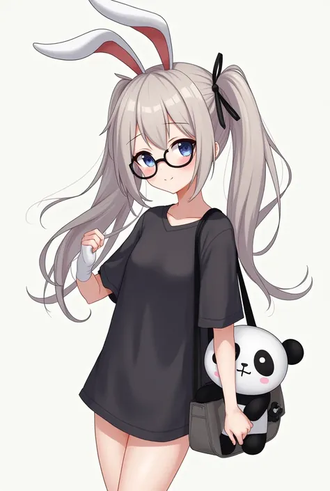 Anime Girl Long Hair Double Ponytail Wearing Black Shirt White Rabbit Ears Black Eyes Black Glasses White Socks Panda Shoulder Bag Holding Panda Doll