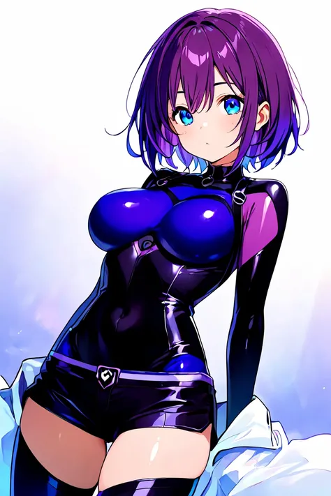 anime girl purple hair with blue eyes wear body suit and short pants outfit