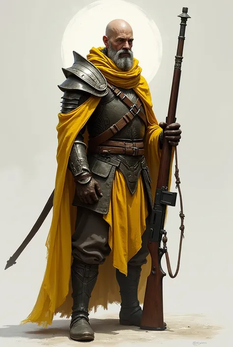 a man in armor holding a rifle and a rifle, concept art by Tadeusz Pruszkówski, Artstation contest winner, shin hanga, concept art of a monk, craig mullins style, yellow-robed cultist, for honor charector concept art, picture of a male cleric, craig mullin...