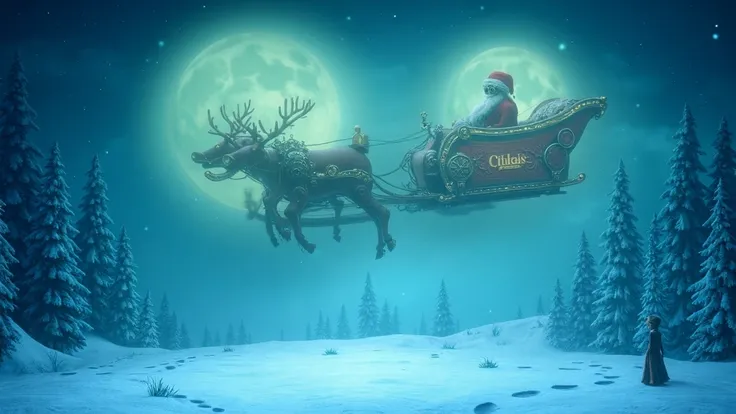 Create a steampunk-inspired winter night scene featuring a vintage steam-powered sleigh flying across a large, luminous moon. The sleigh should be crafted from richly decorated wood with brass fittings, gears, and mechanical elements, giving it an ornate l...