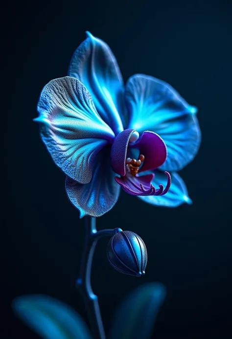  high quality ,  high detail , ultra-quality, (8 k, RAW Photo,  realistic),  Blue and blue artificial metal orchid , chrome plating ,  Detailed and subtle images and vivid and dynamic drawing techniques,  professional lighting brilliance . Фон темный, орхи...