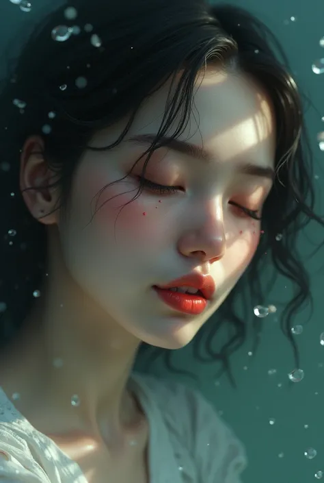 Realistic woman wearing jacket , eyes closed with a thin but tearful smile face and her tears are red,atmosphere in the water  ,close up 