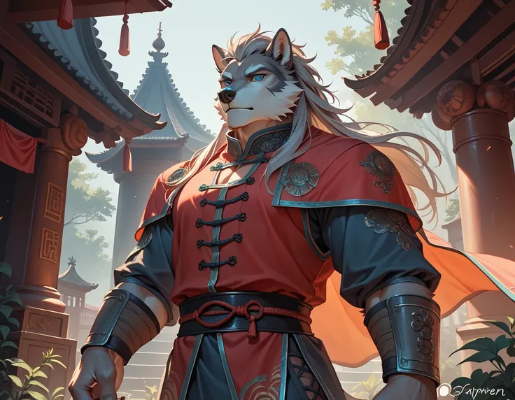 ( unique ), Male anthropomorphic gray wolf,  gray fur , Dark beige long haired ,  blue eyes, warrior， ancient Chinese clothes for the slimmer，身材较瘦的, No armor