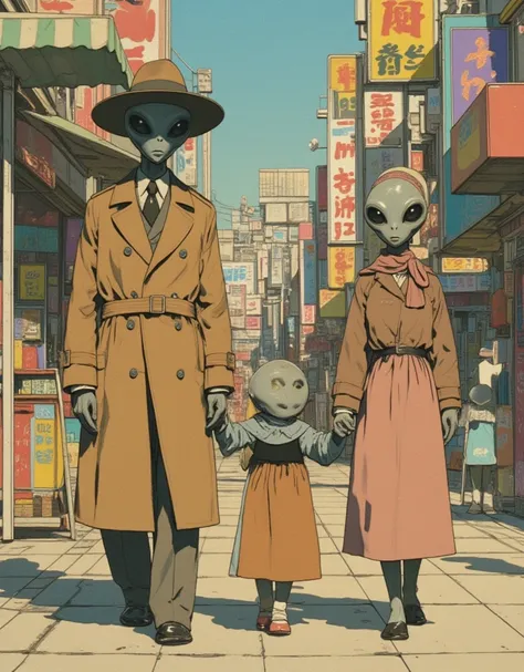 Three gray aliens, parent and . An adult alien wearing a trench coat and hat, a  alien wearing rens clothes, and an alien dressed as a housewife with a scarf. The three gray aliens are walking side by side, holding hands, with the  alien in the middle. On ...