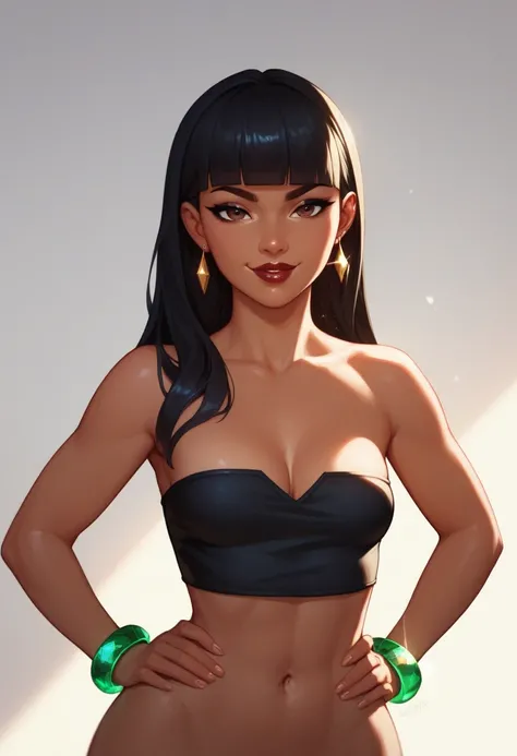 (masterpiece:1.2, best quality:1.2), ambient soft lighting, perfect lighting, 1girl, chel, black hair, long hair, blunt bangs, brown eyes, dark skin, lipstick, small breasts, wide hips, tube top, cleavage, bare shoulders, emerald earrings, emerald bracelet...