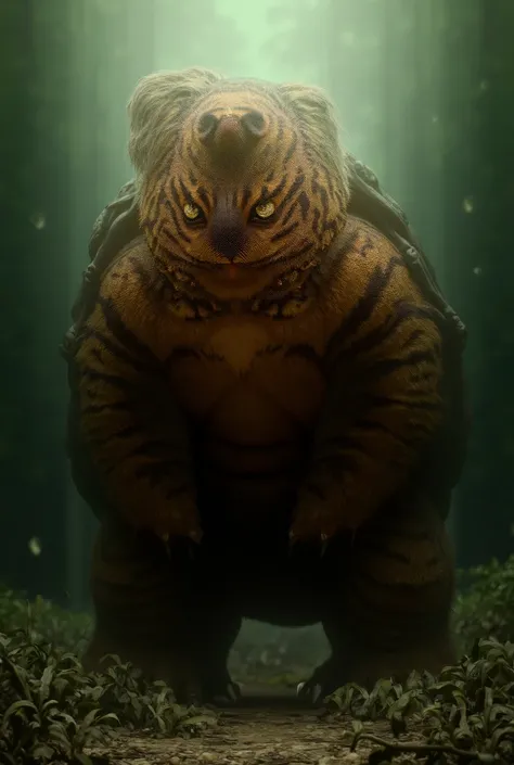 "Design a hybrid creature called the Turtiger (Tiger + Turtle), where the upper body is a muscular, upright tiger standing on its hind legs, seamlessly fused with the sturdy, protective shell of a large turtle. The creatures upper body is powerful and agil...