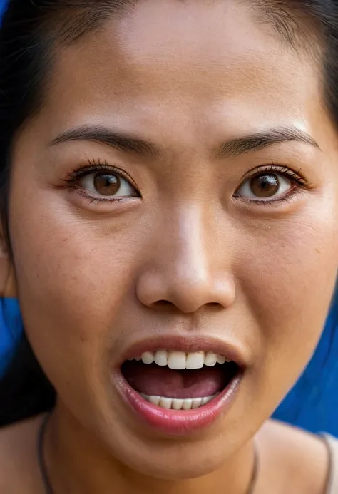 Ultra detailed photo of burmese woman, beautiful girl, highest quality realistic skin, eyes in focus, 40 years old, focus on mouth, open mouth, saliva, open mouth wide, inside of mouth visible, ponytail hair, mouth open wide, uvula visible, turn the face u...