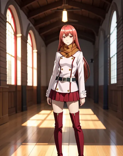 (masterpiece,ultra-detailed,best quality,8K,CG,illustration,shaved:1.0),solo focus,1girl, Hakaze,long hair,red hair,red eyes, BREAK scarf,long sleeves,red skirt,belt,knee boots,indoors BREAK looking at viewer,full body