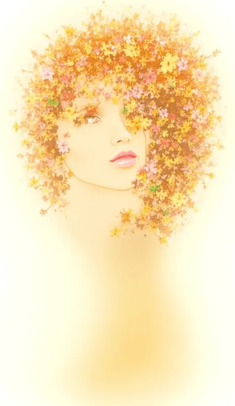 Kinetic art style using colorful flowers and branches, swirling to create a woman with a slightly tilted head, closed eyes, pink lips, intricately designed with thin gold lines. Available in peach, orange, green, red, yellow, watercolor and alcohol inks.