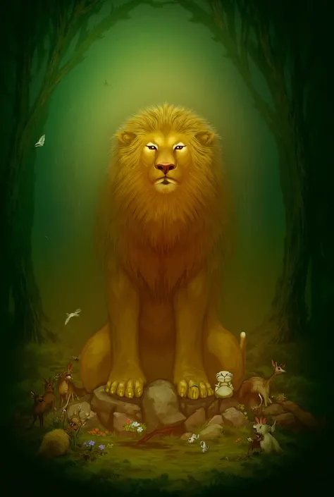 The Proud Lion in the Jungle
A majestic, golden lion with a proud expression sitting on a rocky platform in the middle of a lush green jungle. The surrounding animals, including deer, monkeys, and birds, watch from a distance with fearful expressions. The ...