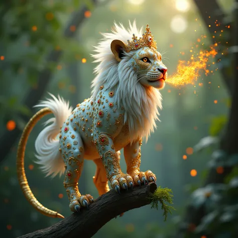 A very beautiful colourful 4K Make a cyborg king lion out of gold, white and spitting fire and you see ice around it which is chirping and speaking, its feathers are studded with diamonds and pearls. On its head is a crown of gold, silver and diamonds and ...