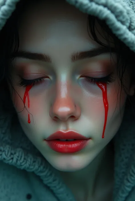  Realistic woman thick eyebrows  ,medium nose ,  full lips wearing a jacket , eyes closed with a thin but tearful smile face and her tears are red,atmosphere in the water  ,close up 