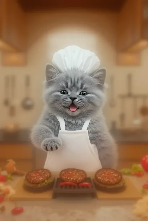 
“A stunningly cute and fluffy gray kitten with large, sparkling eyes. The kitten is wearing a pristine white chef’s hat and a matching apron, both slightly oversized, adding to its adorable charm. The kitten is happily grilling juicy hamburgers on a small...