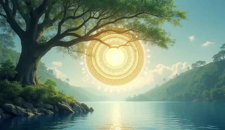 Design a YouTube channel banner for Universal Bonding that reflects themes of spirituality, connection, and harmony. The banner should feature a serene and inviting landscape that blends natural elements like a tranquil body of water, a majestic tree with ...