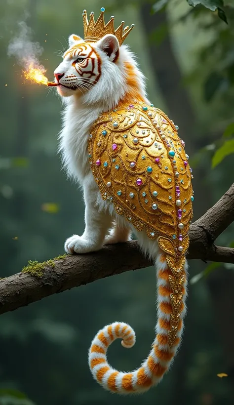 A very beautiful colourful 4K Make a cyborg king tiger and s out of gold, white and spitting fire and you see ice around it which is chirping and speaking, its feathers are studded with diamonds and pearls. On its head is a crown of gold, silver and diamon...