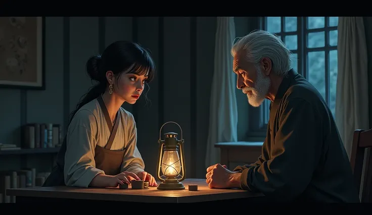 "A nighttime scene inside a modest house with dim lighting. A 40-year-old woman is engaged in a serious conversation with a 60-year-old man. The woman is dressed in traditional clothing, her expression thoughtful and concerned, while the elderly man listen...