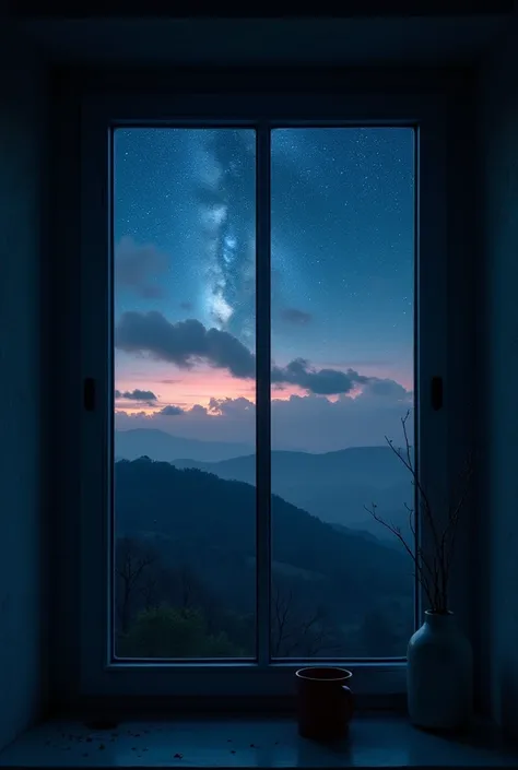 A stunning view of milions stars in the sky from outside the glass window.. night sky. old apartment. Hills. Clouds and sky. Realism.High Resolution, Masterpiece, Accurate, Best Quality, UHD, Motion Lines, Fujicolor, Wide Shot, 