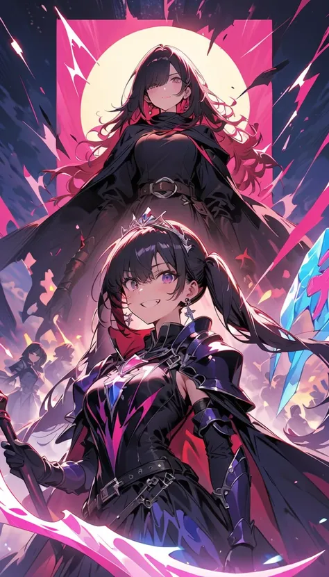 ( beautiful girl : 1.3),5 girls, abstract expressionism ,(dark purple stained glass dress,, tiara ,Cape,belt,knight,armor,elbow_ gloves, gauntlet,Arm guard, earrings for women with first name, boots, with a crystal ball {x} with a large scythe), black hair...