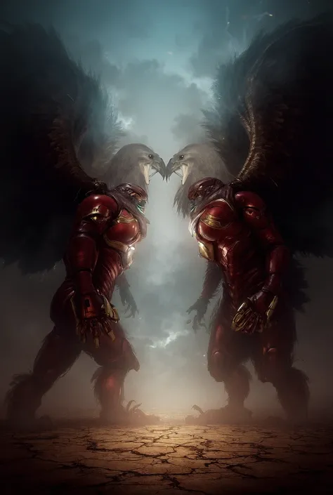 An intense scene showing Iron Man and a powerful eagle facing each other in an angry confrontation. Iron Man is in his iconic metallic red and gold suit, with his eyes glowing fiercely and his repulsor lights emanating energy. The eagle is large and majest...