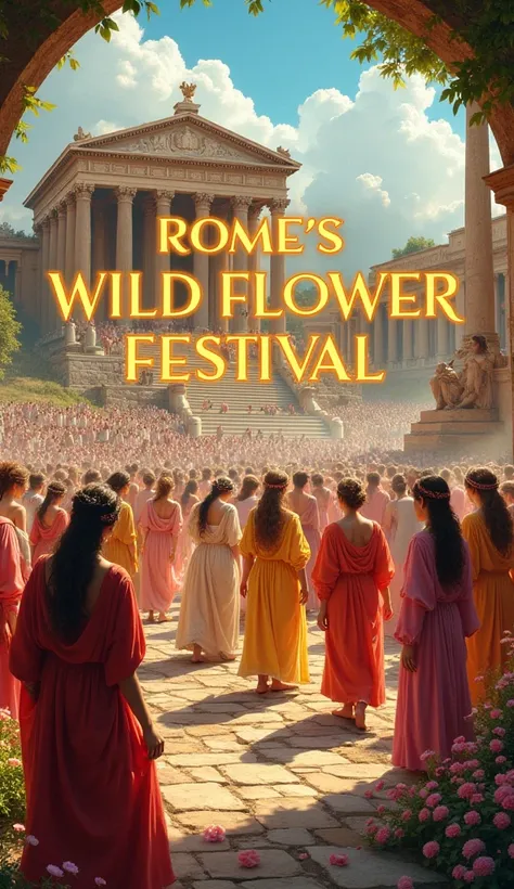 A vibrant scene of ancient Rome during spring, with colorful flowers and people dancing in bright, flowing garments. Highlight a Roman temple or a statue of Flora surrounded by garlands. Overlay the bold, glowing text in large fonts: "Rome’s Wild Flower Fe...