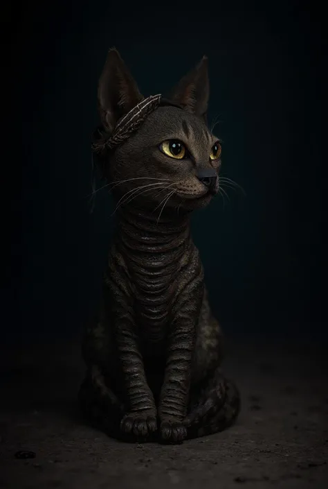  dark environment,  with a drawing of a cat in the skin of a snake with a headband on its face, Looking in perspective to the right , closer,  as if he were looking to the right and I was seeing him from my side, mas a imagem e closer como se ele tivesse r...