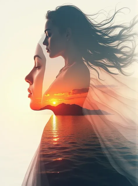 High quality, 8K Ultra HD, Beautiful double exposure combining the silhouette of a goddess and a sunset coast, The sunset coast should be the background, with its details merging into the goddess, Clear lines, Monochrome background, Sharp focus, Double exp...