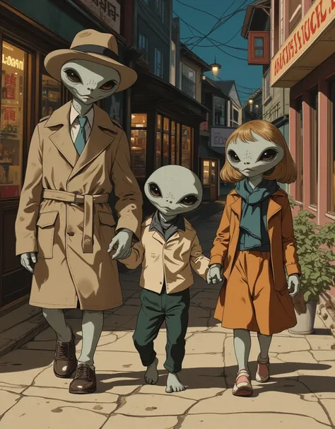 Three gray aliens, parent and . An adult alien wearing a trench coat and hat, a  alien wearing rens clothes, and an alien dressed as a housewife with a scarf. The three gray aliens are walking side by side, holding hands, with the  alien in the middle. On ...