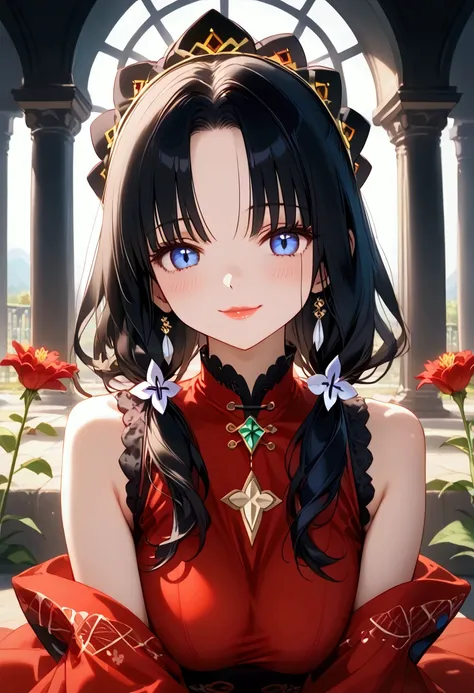 ((Ultimate eroticism:1.8)), realistic skin, ((masterpiece)), ((best quality)), (ultra-detailed), ((kawaii)), cute, (lovely),(sexy), a girl in high slit qipao with flower pattern on it,  gigantic breasts, slim waist, wide hips, black hair, smile,in the gard...