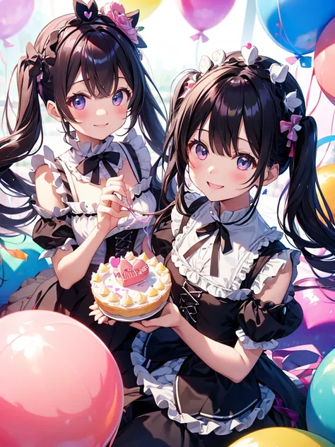  best quality、 smiles、 birthday party 、 birthday cake、 smiles、 Gothic Lolita 、  Pomeranian、soap bubble 、 twin tails、 balloon、colorful 、heart、heart、paint、 Planet、rainbow
.



