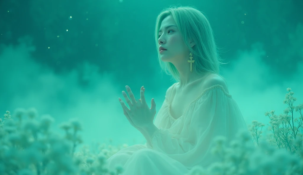 A blonde girl 35yo with white dress, wearing cross earrings,feeling sad while praying and wrapping around her hands in a prayer position, hands raised in worship, tears glistening on her cheeks sitting in the middle of a dramatic colorful aqua, and white f...